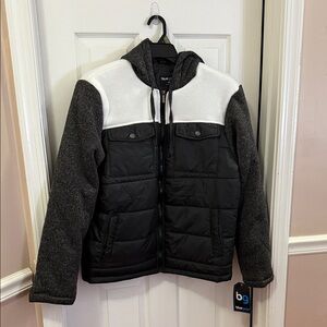 Blue Gear men’s Black and Gray Marble Puffer Hooded Jacket with pockets; size: M